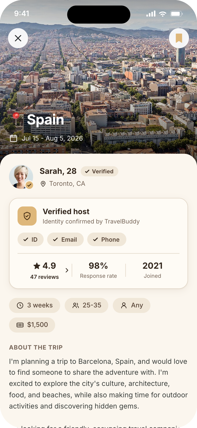 Trip details: a verified profile with the reviews button and budget label